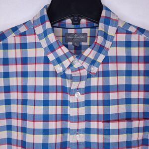 LL Bean Shirt Mens Large Plaid Blue, White Signature Slim Fit Cotton